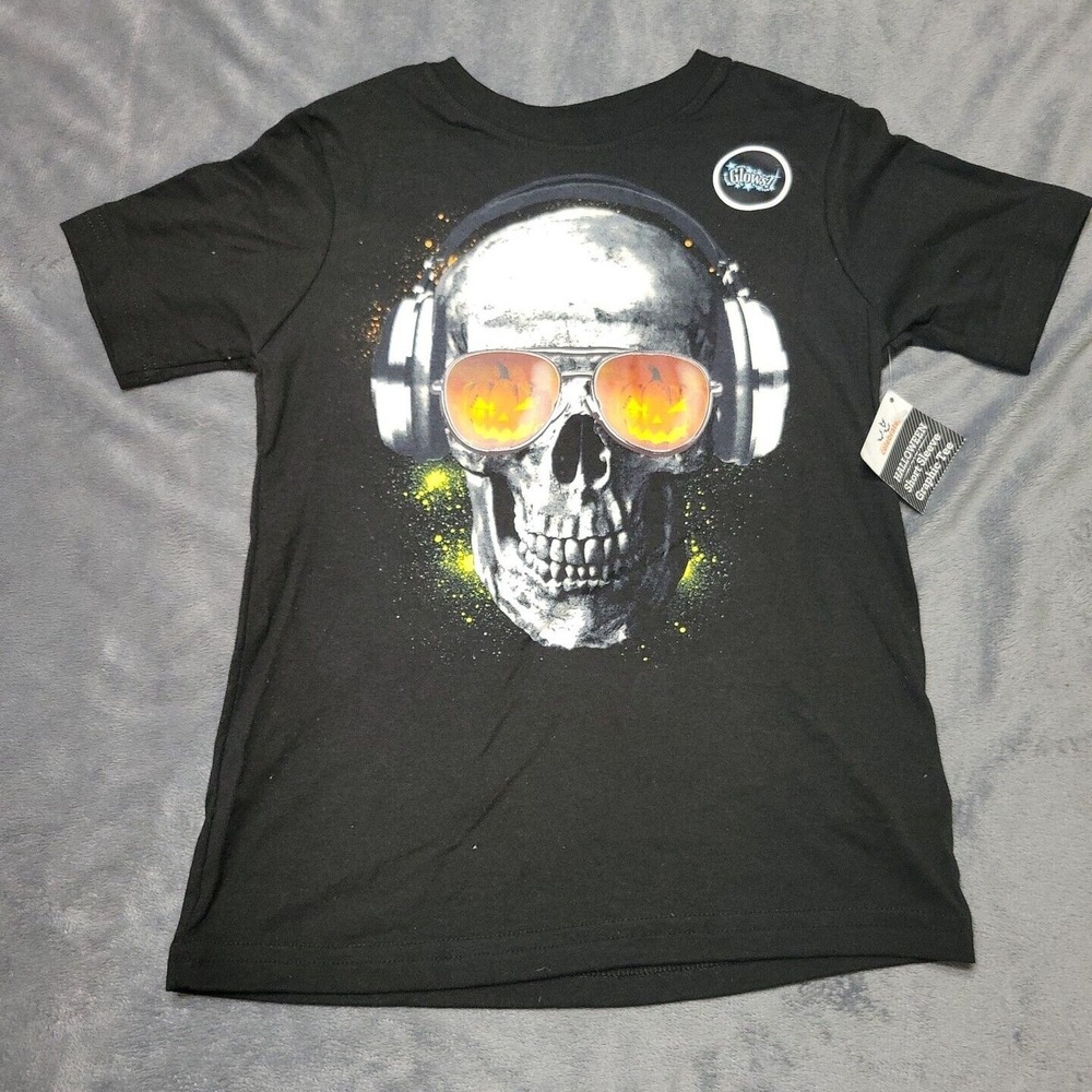 New Halloween Shirt Boys Small Black Skull Glows Pumpkin Headphone Short Sleeve